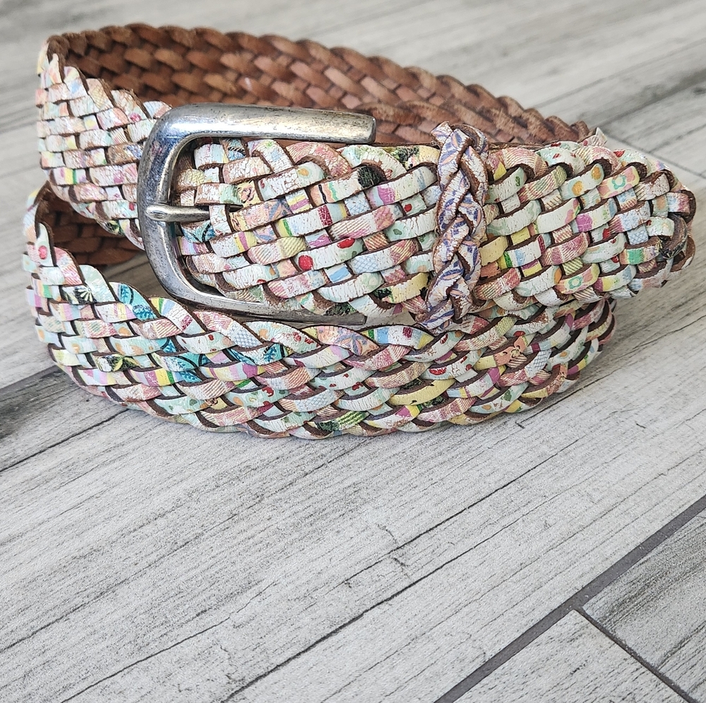 Vintage Fossil Belt Boho Wide Braided Leather Multi Floral M Medium